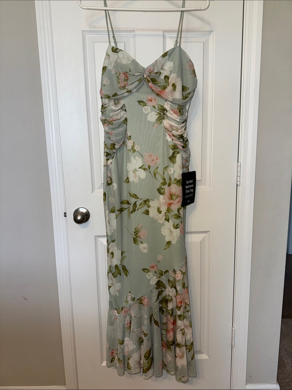 Lulu's Giorgina Sage Floral Mesh Gathered Trumpet Midi Dress